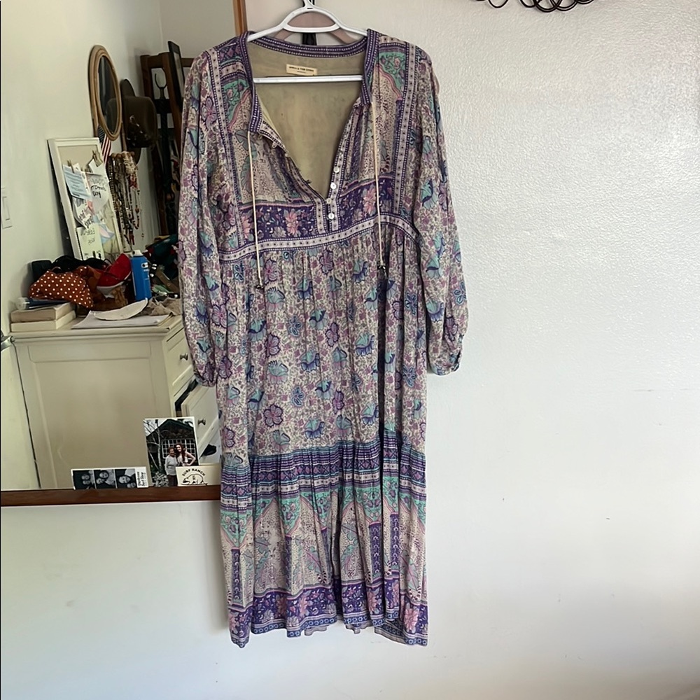 Spell Purple and Blue Plunge Sundress with Bishop Sleeves